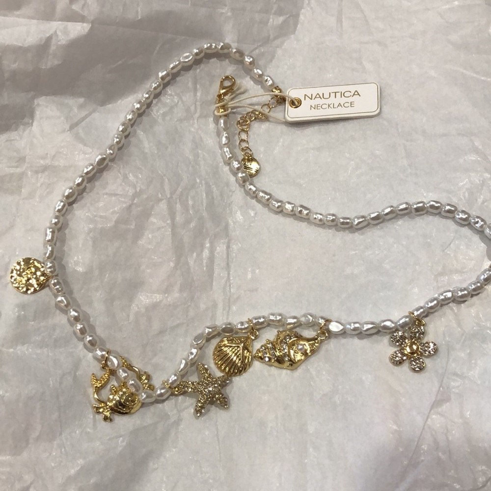 Nautica faux freshwater pearl under the sea nautical charm pave necklace new